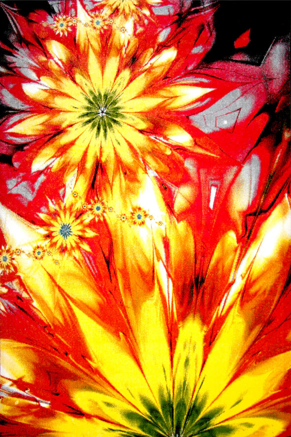 covor modern floral colorat in nuante de rosu si galben cu design abstract ideal pentru living dormitor sau decor vibrant
