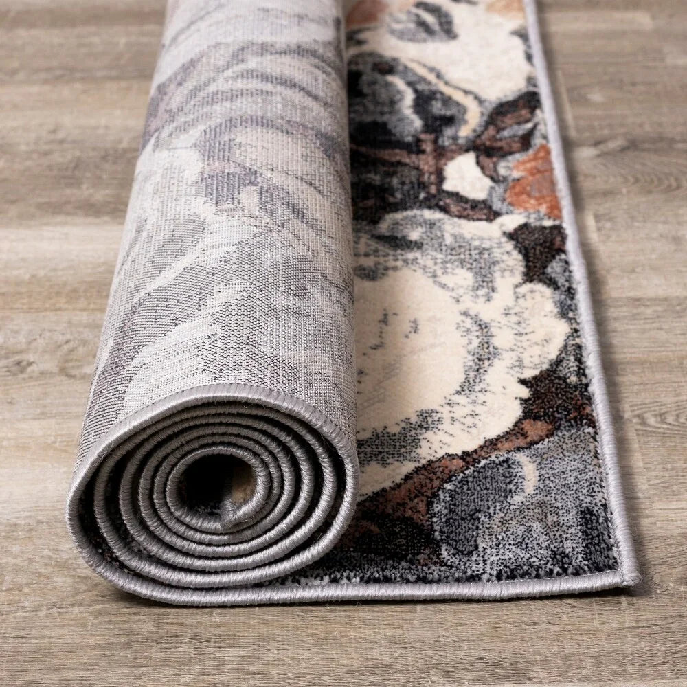 Covor modern floral rulat, material dens si rezistent, potrivit pentru utilizare zilnica