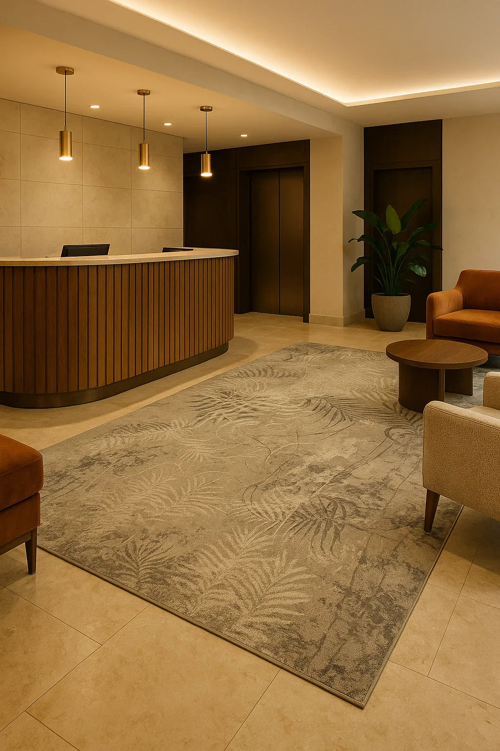 Covor modern gri cu model abstract asezat in living elegant, design contemporan si atmosfera premium