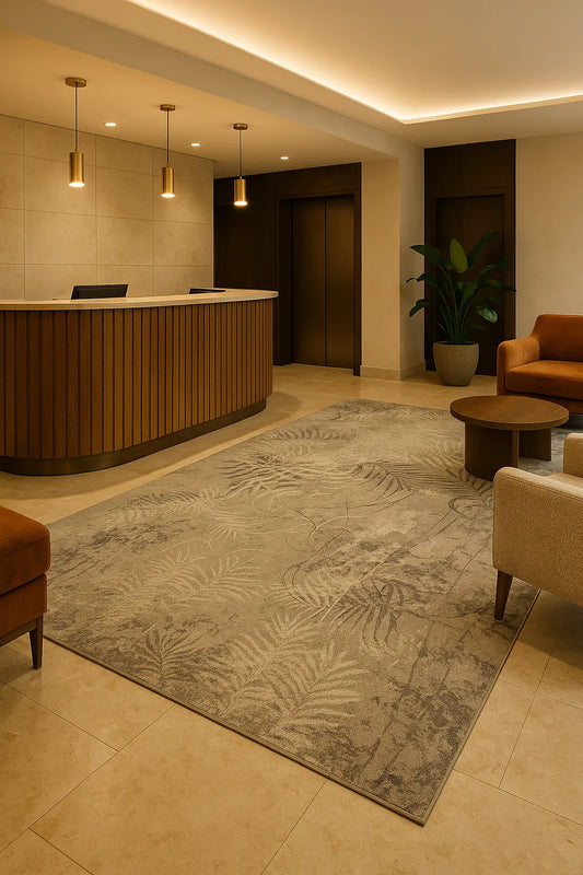 Covor modern gri cu model abstract asezat in living elegant, design contemporan si atmosfera premium