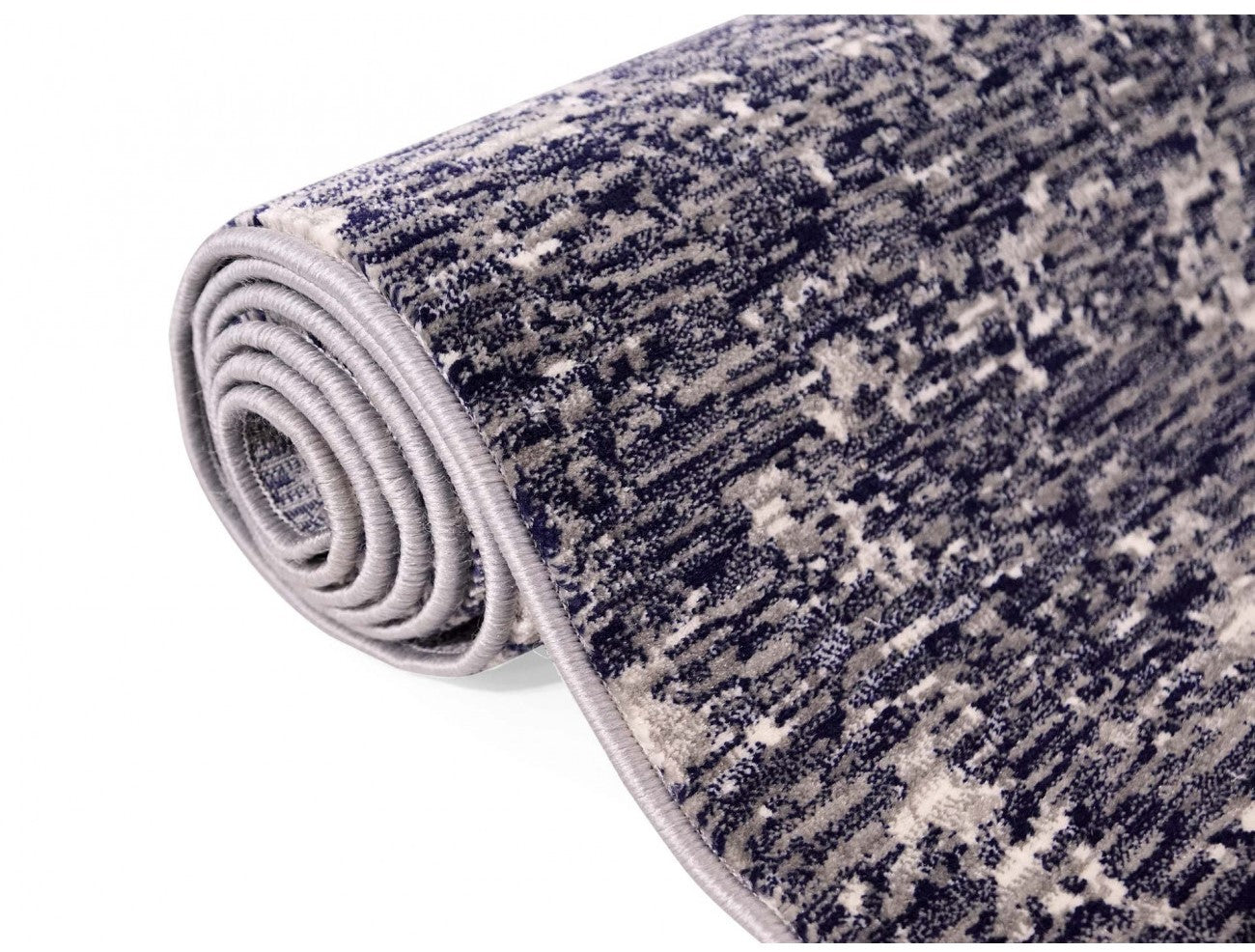 Covor modern gri albastru rulat, material dens si rezistent pentru utilizare zilnica
