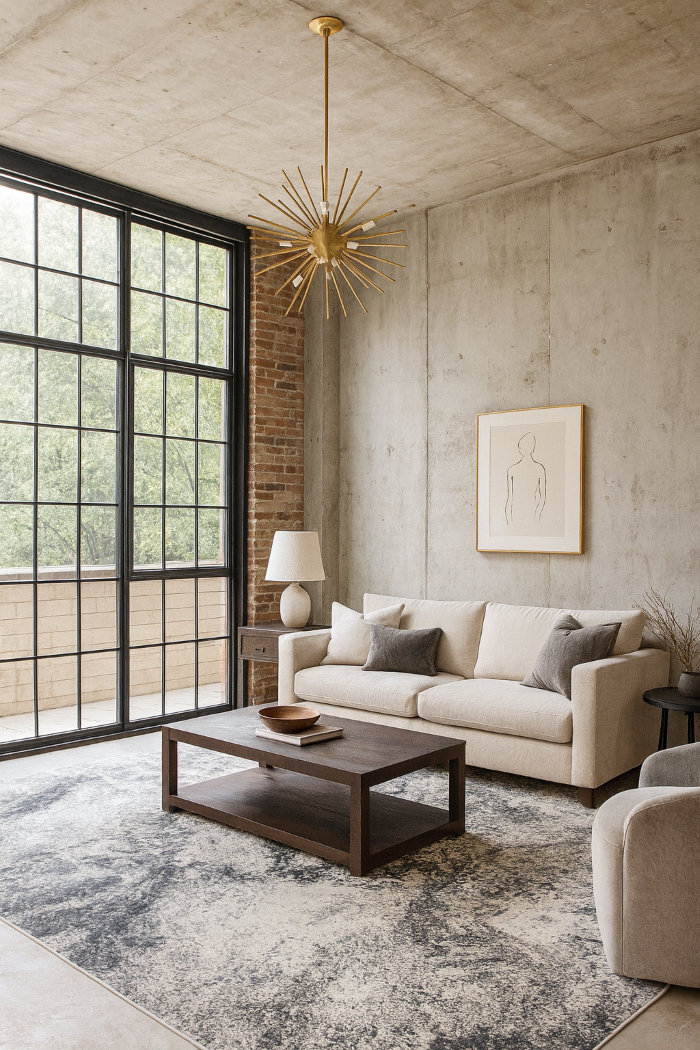 Covor modern gri amplasat in sufragerie, potrivit pentru decor minimalist si elegant