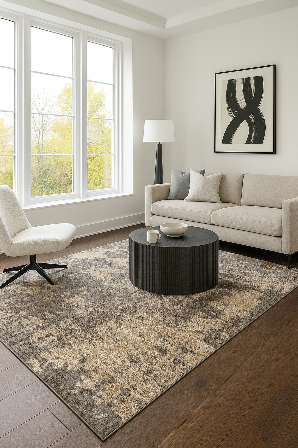 Covor modern gri bej cu model abstract asezat in living, design elegant si nuante greige contemporane