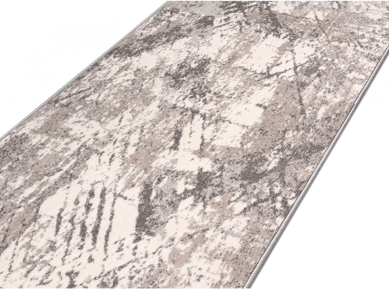 Perspectiva laterala a covorului modern gri bej cu design abstract si finisaj premium