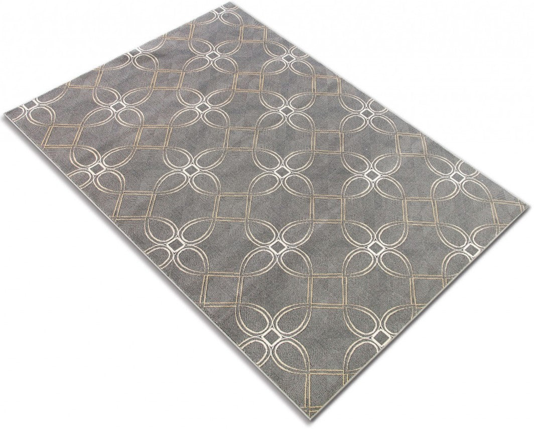 Perspectiva laterala a covorului modern gri bej, textura densa si model geometric elegant