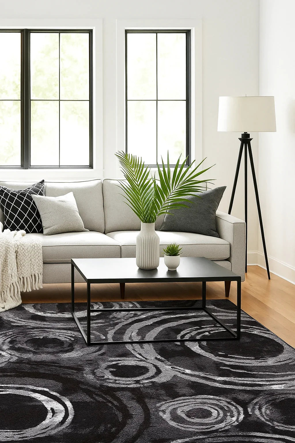 Covor modern gri cu model geometric cercuri integrat in decor de living contemporan
