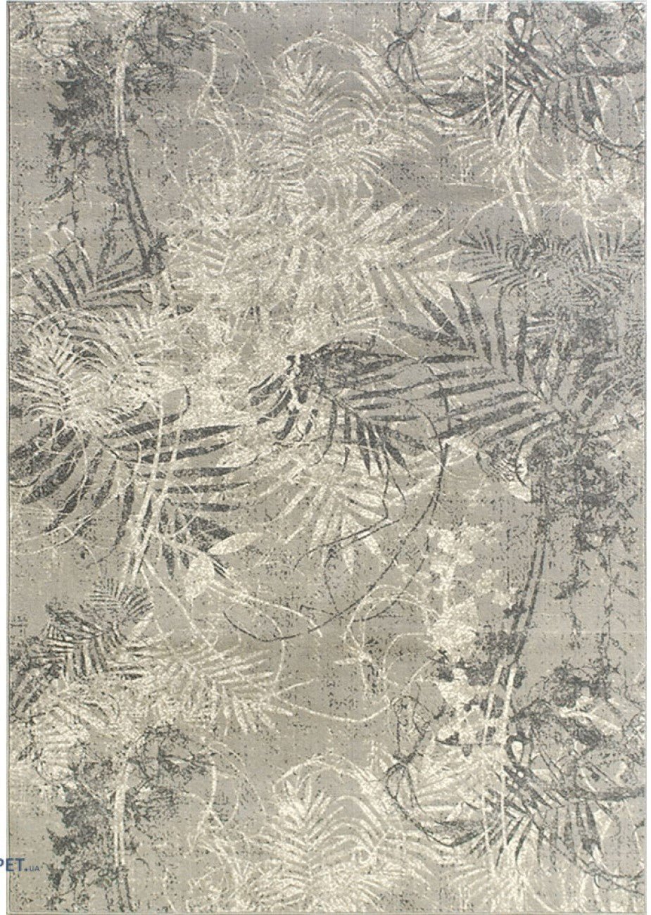 Covor modern gri cu model tropical abstract si textura fina, potrivit pentru living sau dormitor