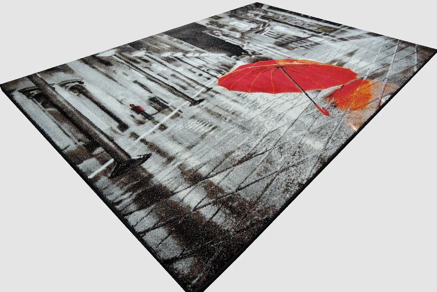 Covor modern living cu peisaj urban și umbrelă roșie pentru decor contemporan