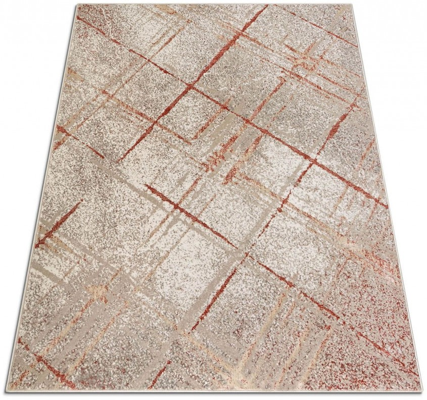 Covor modern pentru living model abstract bej cu accente caramizii design contemporan