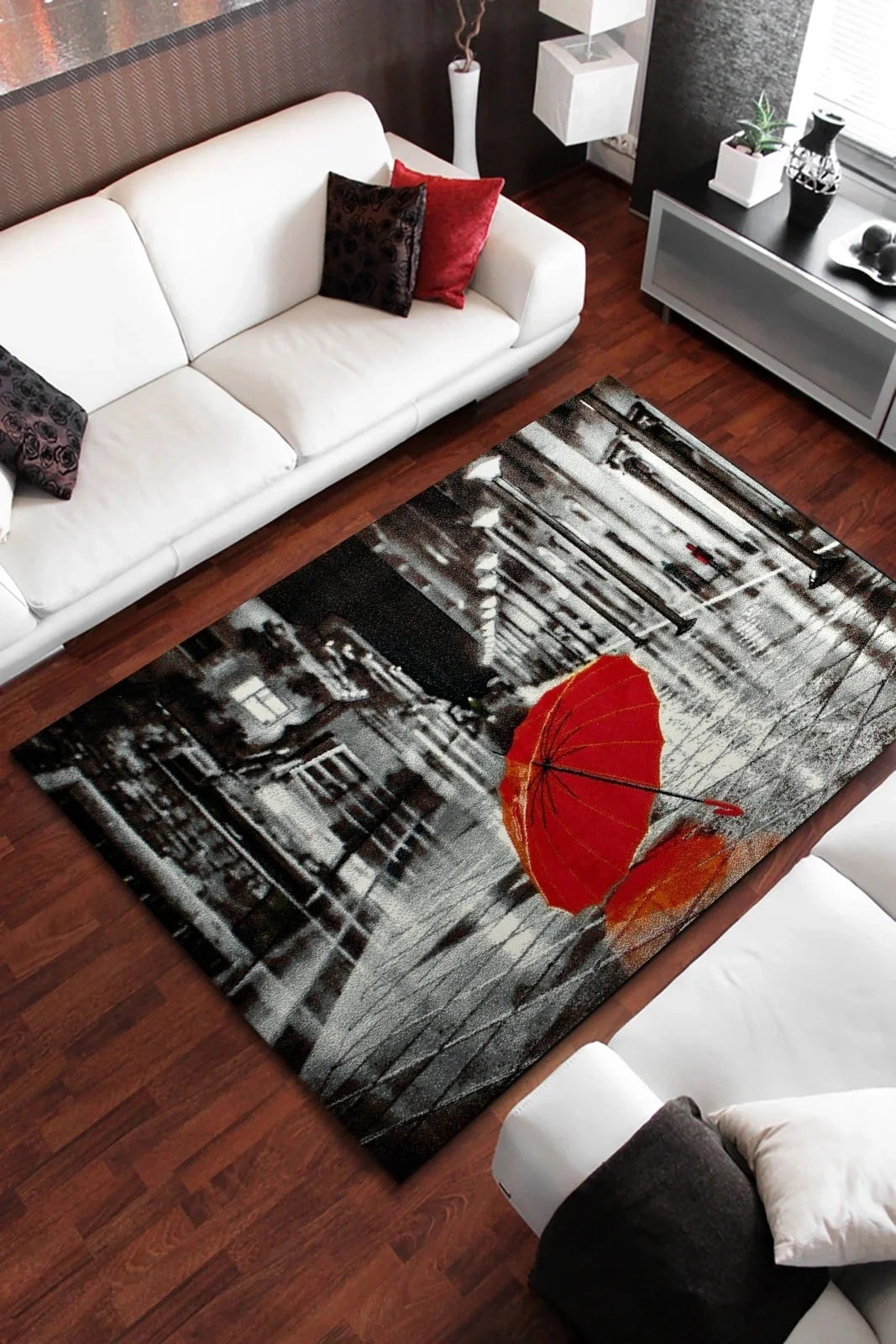 Covor modern pentru living cu umbrelă roșie și design contemporan premium