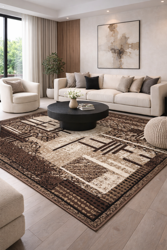 covor modern maro bej cu model geometric asezat in living