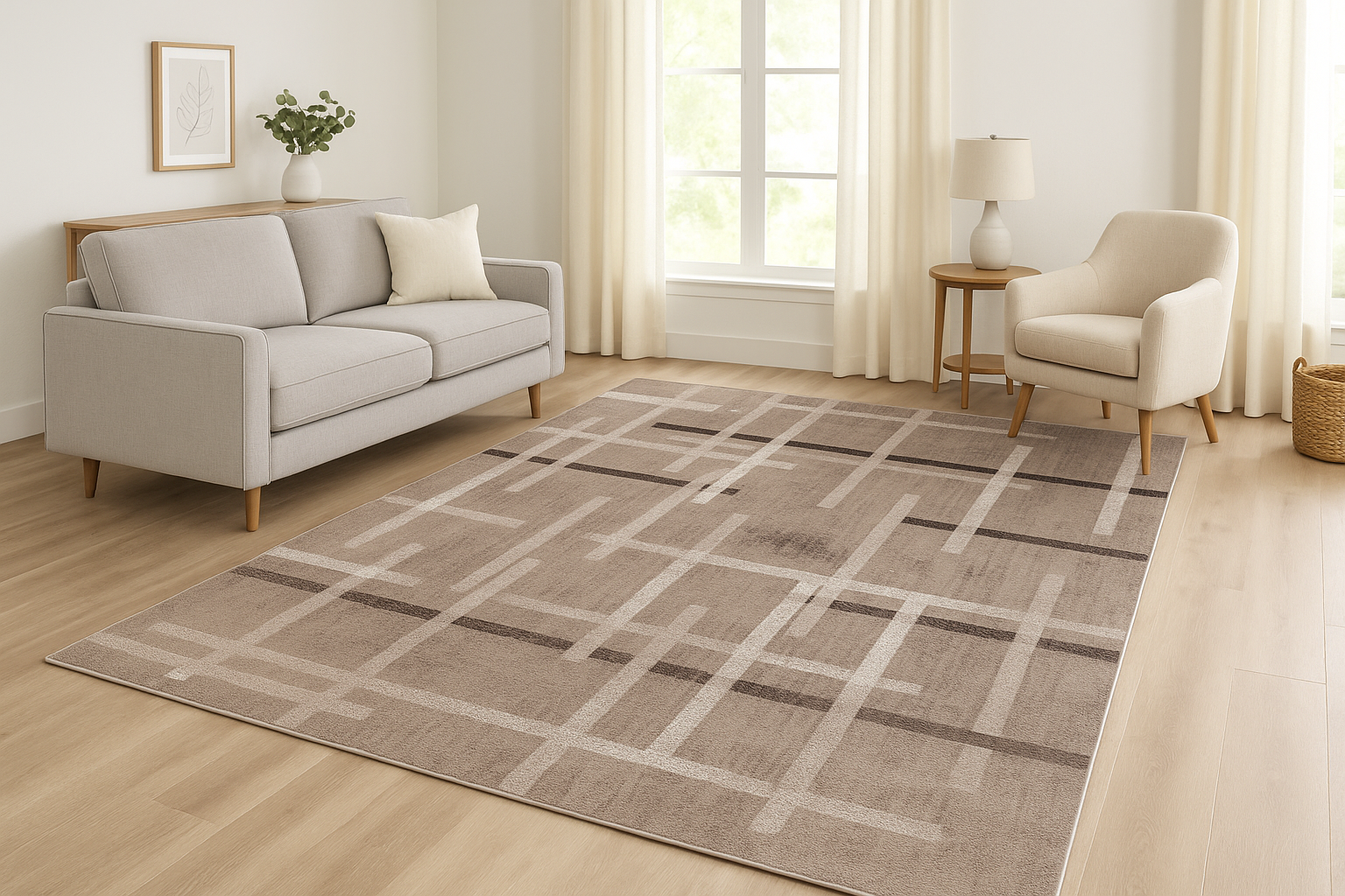 Covor modern maro bej cu model geometric linii integrat in living luminos stil contemporan