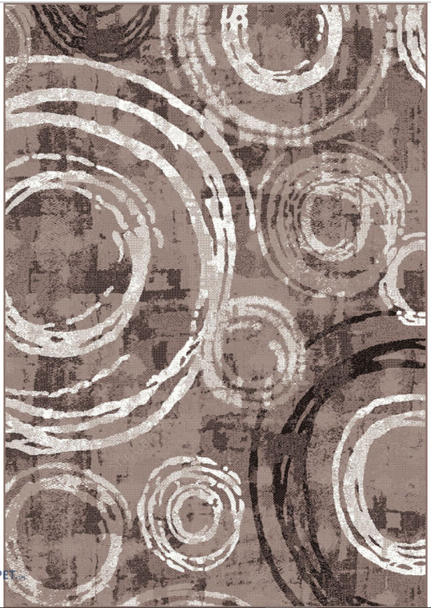 Covor modern maro cu model geometric cercuri abstracte pentru living sau dormitor stil contemporan