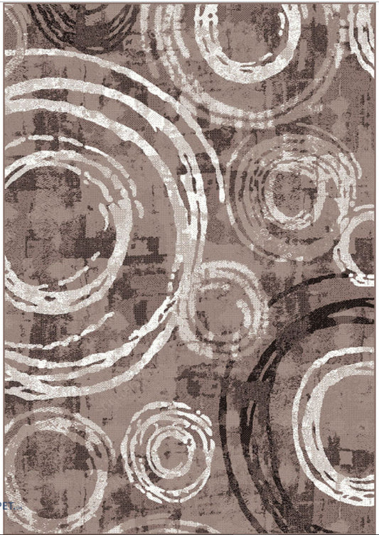 Covor modern maro cu model geometric cercuri abstracte pentru living sau dormitor stil contemporan