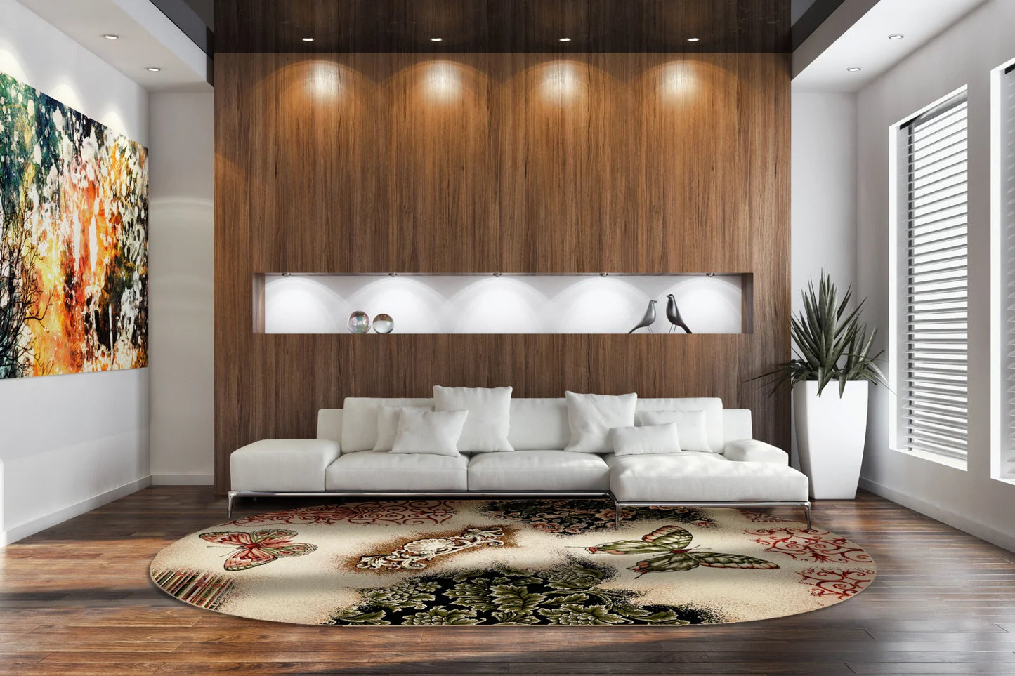 covor modern oval cu fluturi in living