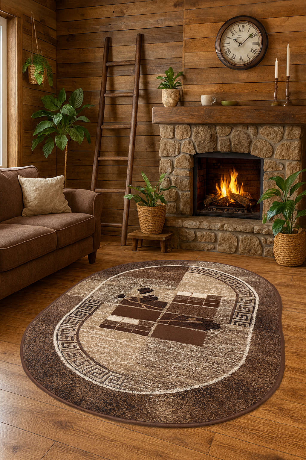 Covor modern oval maro bej cu model geometric, asezat in living elegant