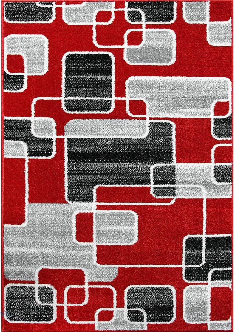 Covor modern rosu gri cu model geometric abstract pentru living
