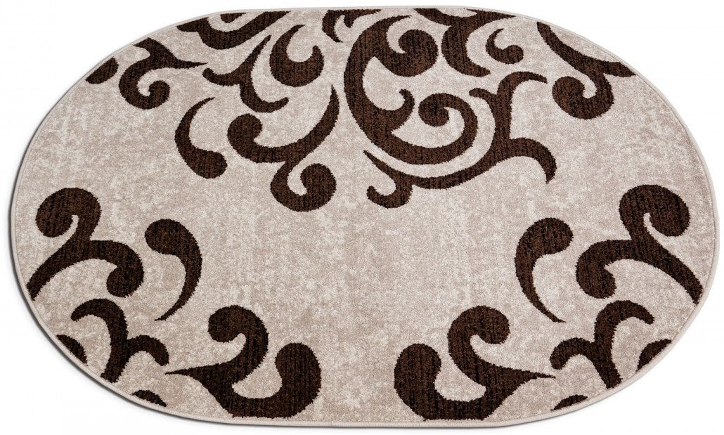 Covor oval bej maro cu model ornamental modern pentru living