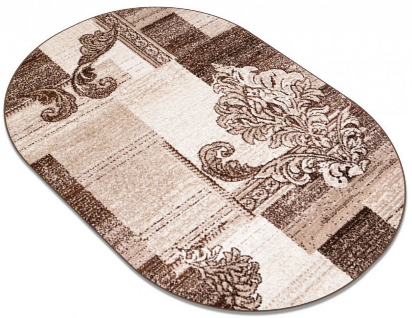 Covor oval crem maro rezistent la trafic potrivit pentru living