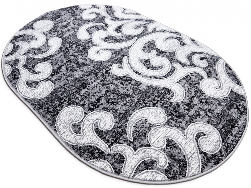 Covor oval gri alb cu model ornamental modern pentru living