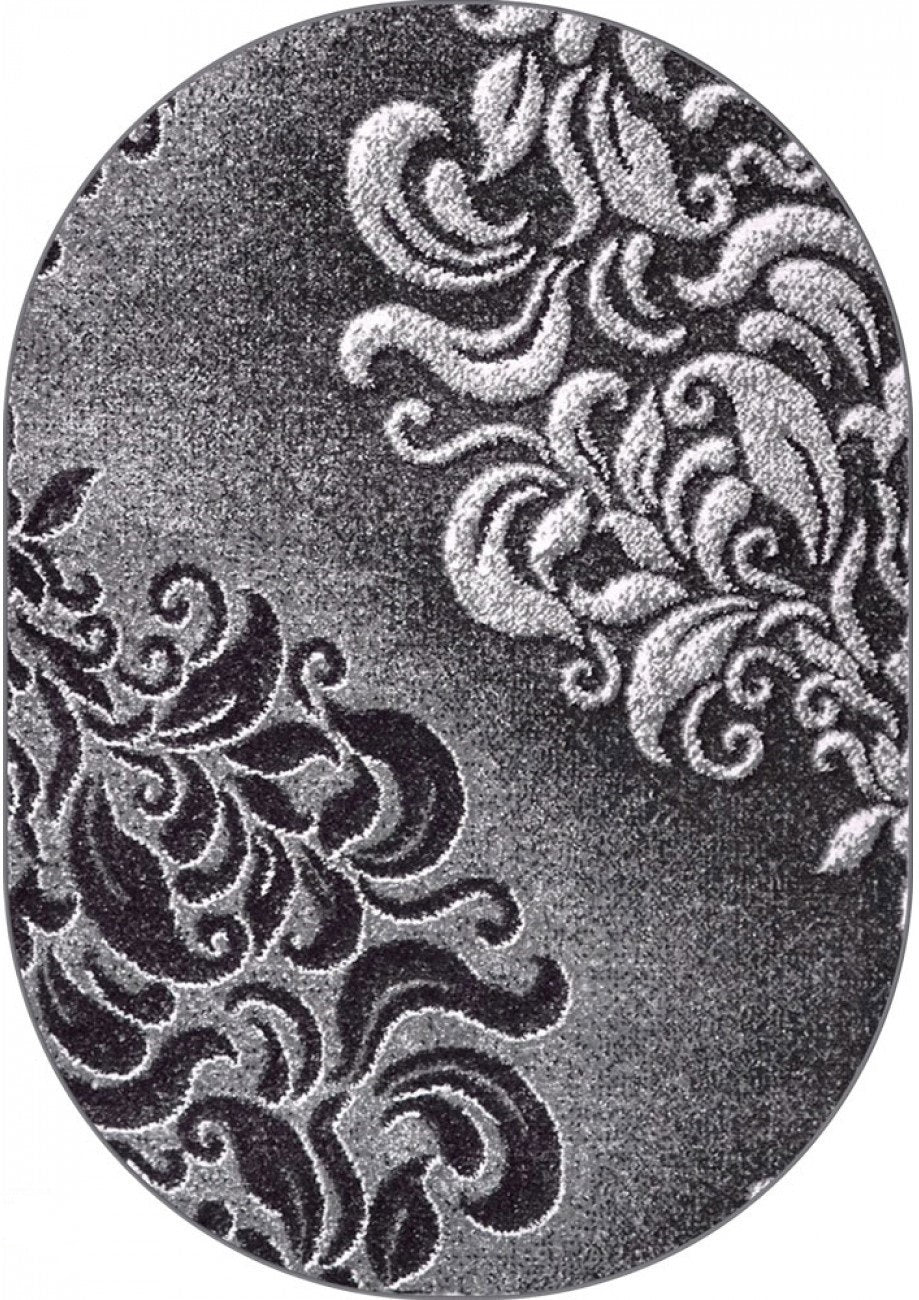 Covor oval gri cu design ornamental abstract vazut de sus forma eleganta pentru living
