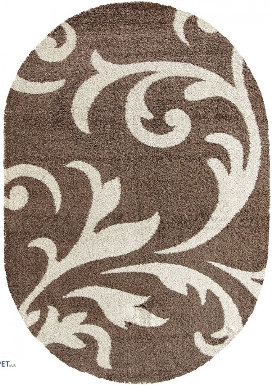 Covor oval maro cu model bej decorativ pentru living, covor modern elegant pentru casa