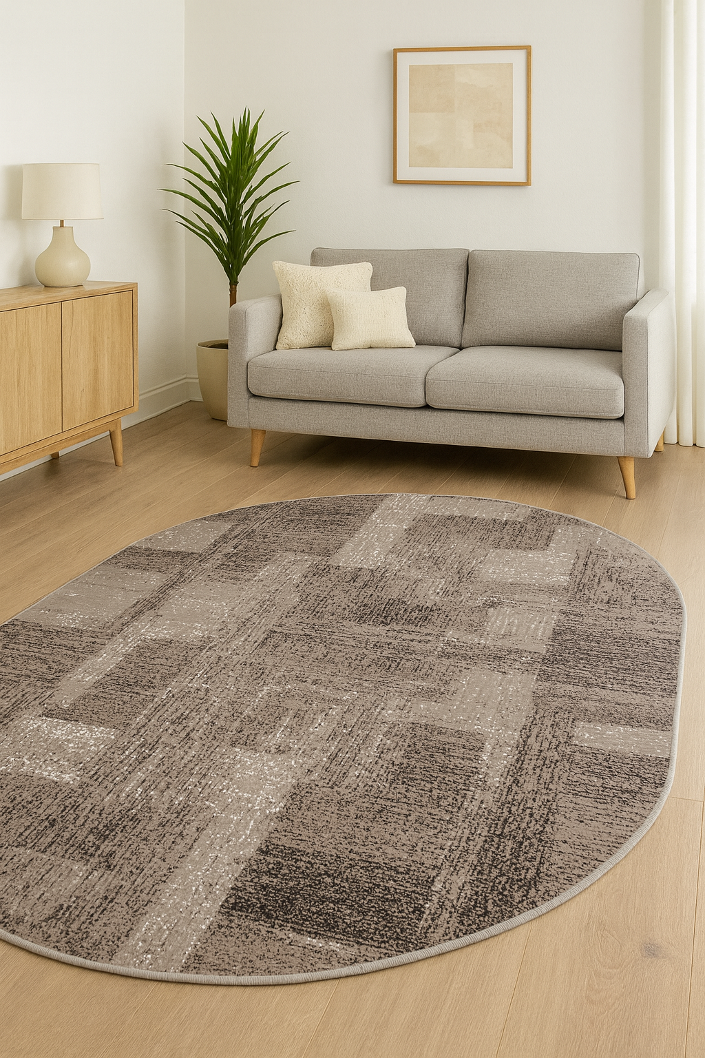 Covor oval modern bej maro amplasat in living, model abstract elegant, ideal pentru sufragerie sau dormitor