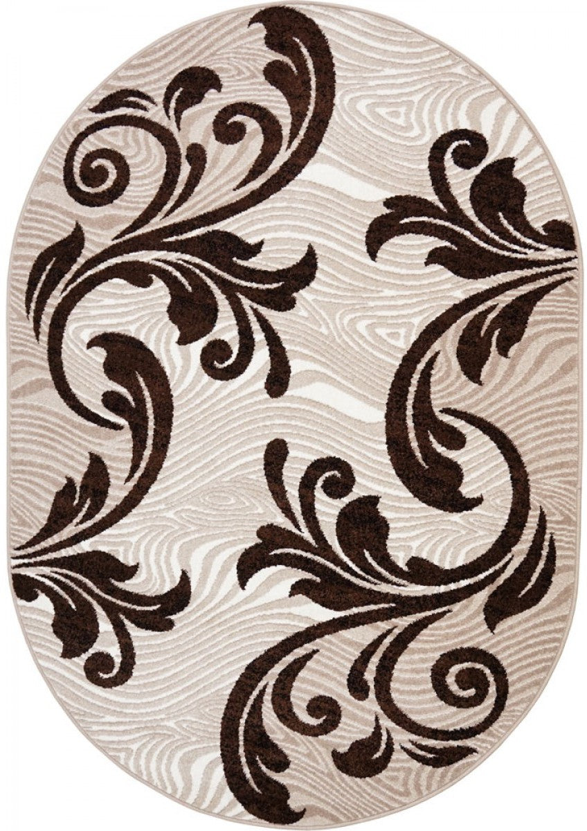 Covor oval modern crem cu maro model decorativ elegant pentru living sau dormitor