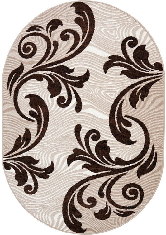 Covor oval modern crem cu maro model decorativ elegant pentru living sau dormitor
