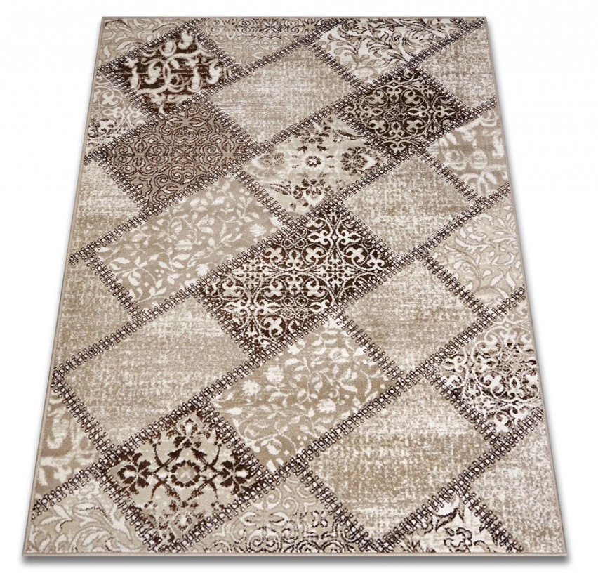 Covor patchwork crem bej maro cu model geometric modern pentru living