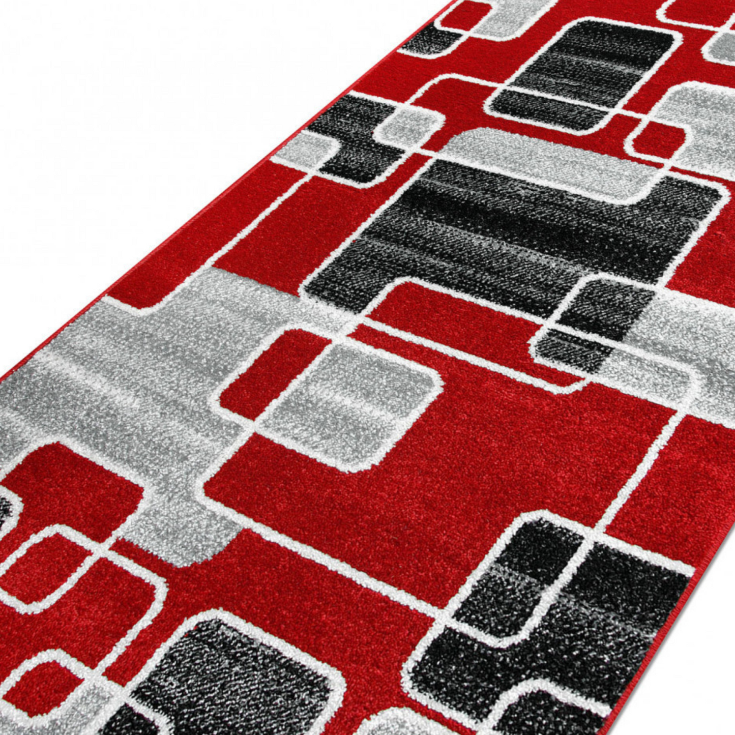 Covor rosu gri modern pentru living cu design geometric contemporan