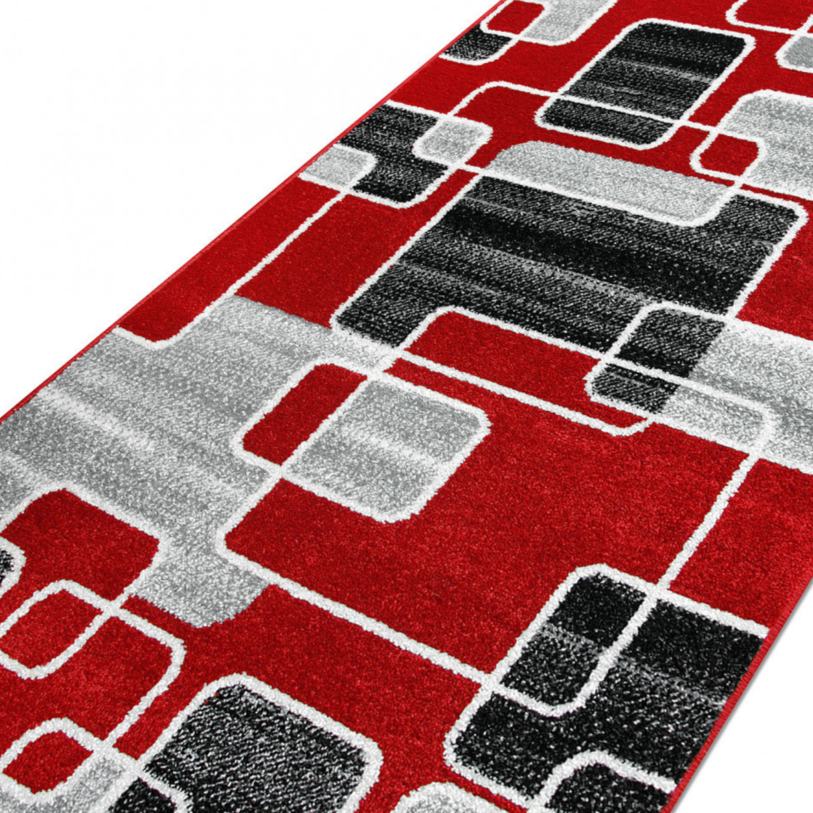 Covor rosu gri modern pentru living cu design geometric contemporan