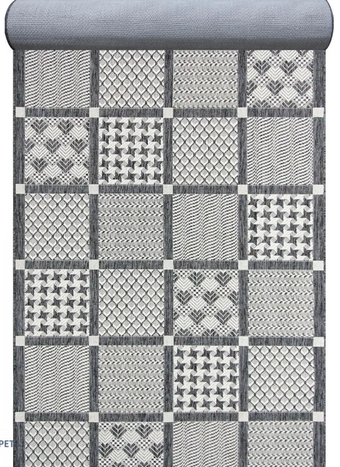 Covor traversa gri lung pentru bucatarie, design geometric elegant si baza antialunecare pentru stabilitate