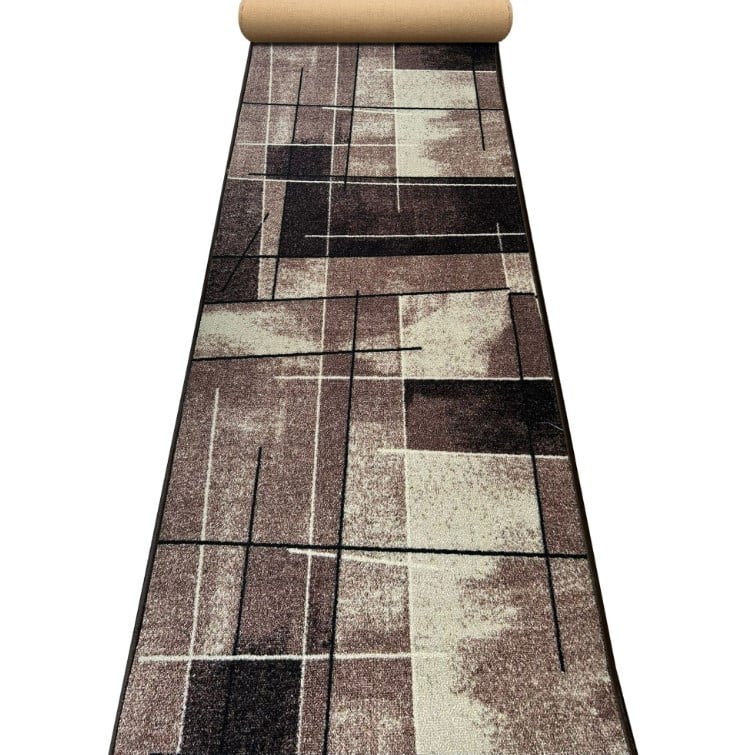 Covor traversa pentru hol bej maro modern, model geometric, ideal pentru casa