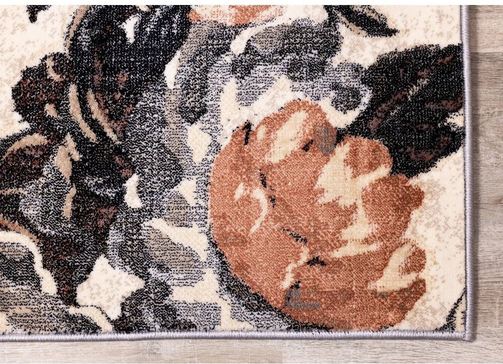 Detaliu model floral mare cu nuante gri crem si accente teracota, design artistic modern