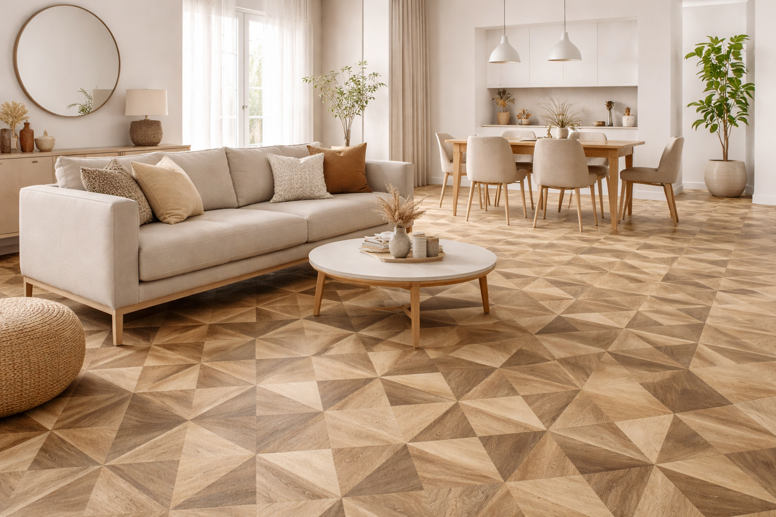 Linoleum bej maro cu model geometric pentru living, pardoseala moderna si eleganta