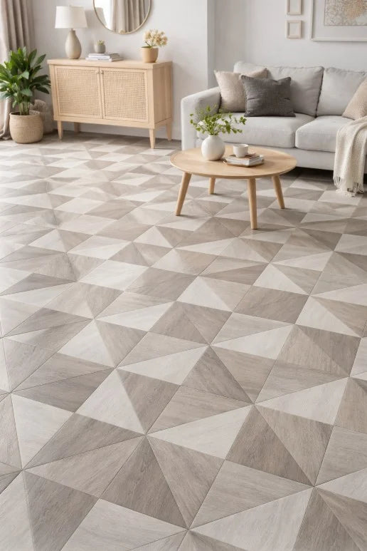 Linoleum crem cu model geometric pentru living, pardoseala moderna, luminoasa si eleganta