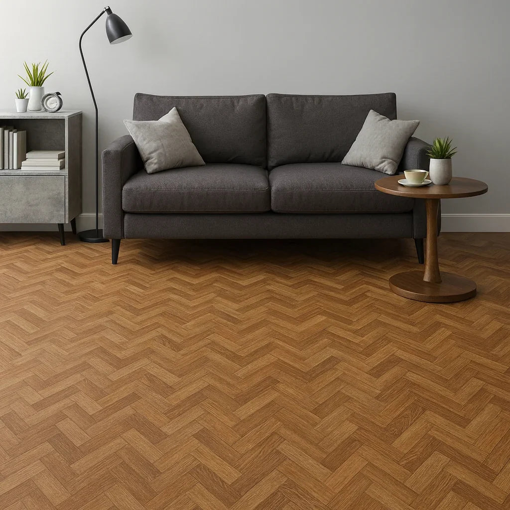 Linoleum maro model herringbone pentru living, efect parchet clasic si rezistent