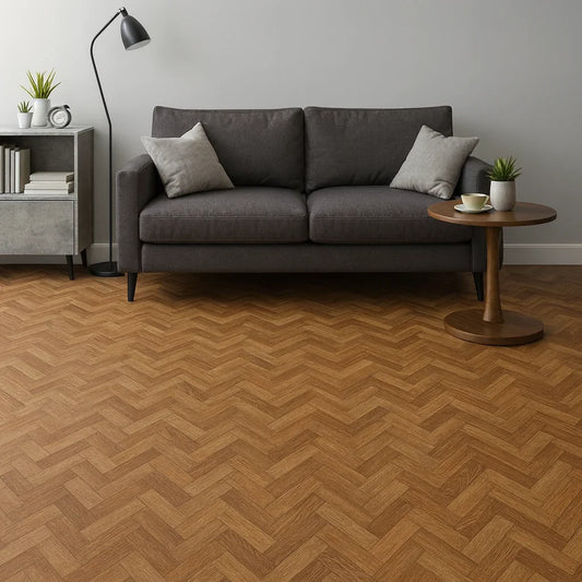 Linoleum maro model herringbone pentru living, efect parchet clasic si rezistent
