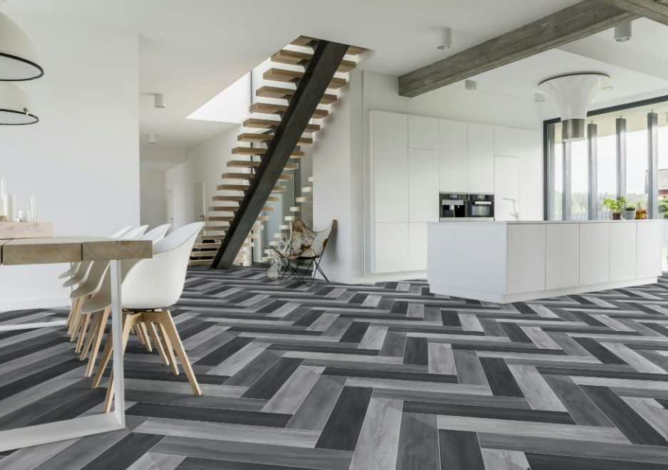 Linoleum negru gri model herringbone pentru living, pardoseala moderna si eleganta