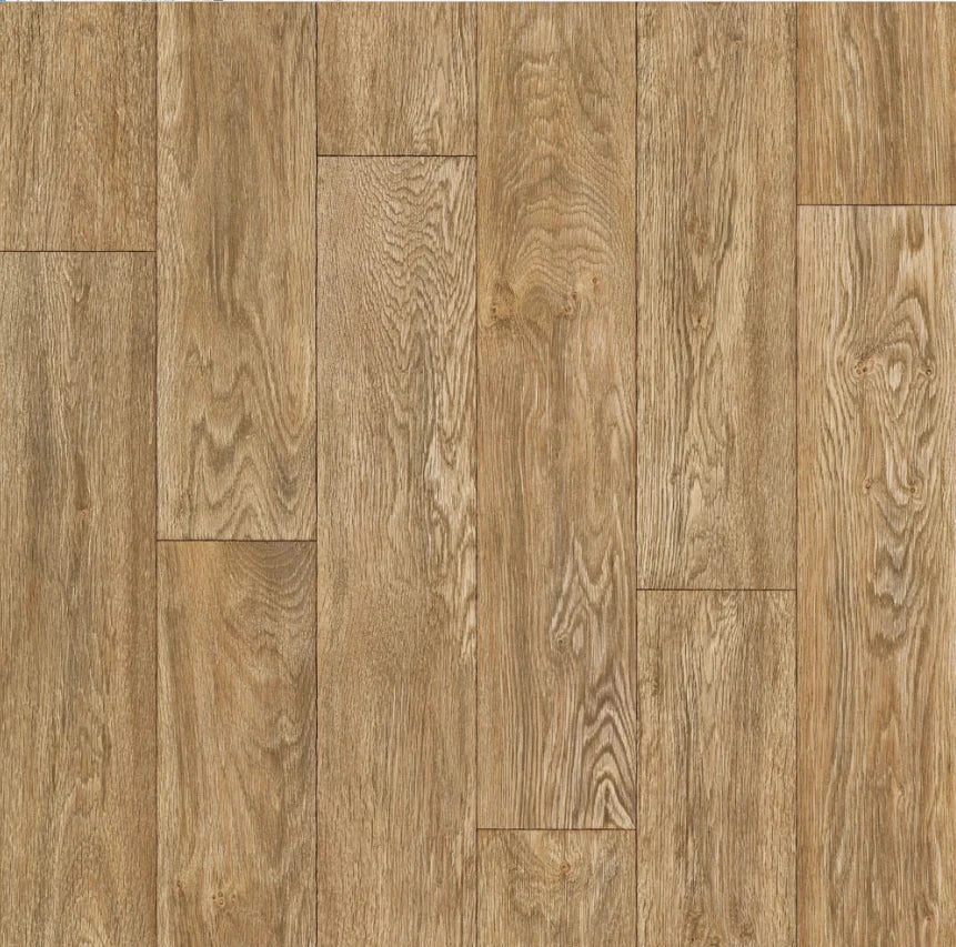 Detaliu linoleum PVC bej maro cu textura lemn modern, ideal pentru interior luminos si elegant