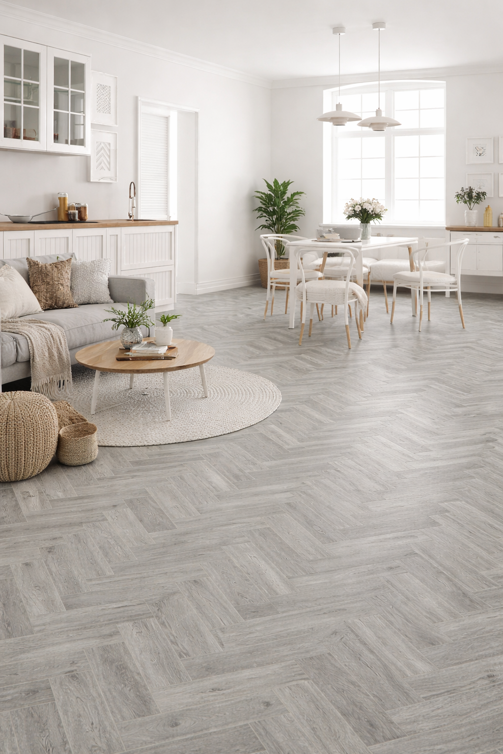 Linoleum PVC gri model herringbone cu textura lemn, design modern si durabil pentru interior