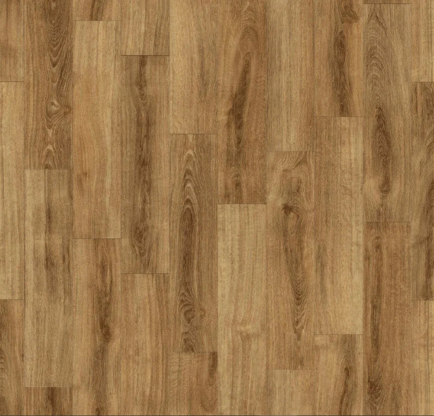 Detaliu linoleum PVC maro bej cu textura lemn natural, ideal pentru living sau bucatarie
