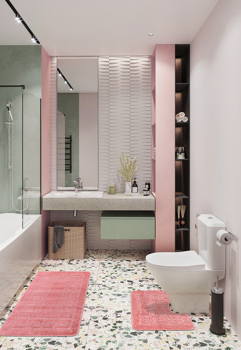 set covor baie antiderapant roz 2 piese covor wc si covor pentru baie moderna