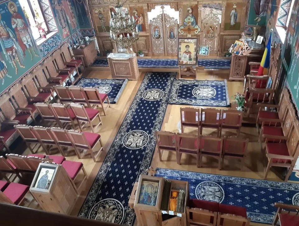 Traversa albastra pentru altar cu model bizantin si vultur bicefal