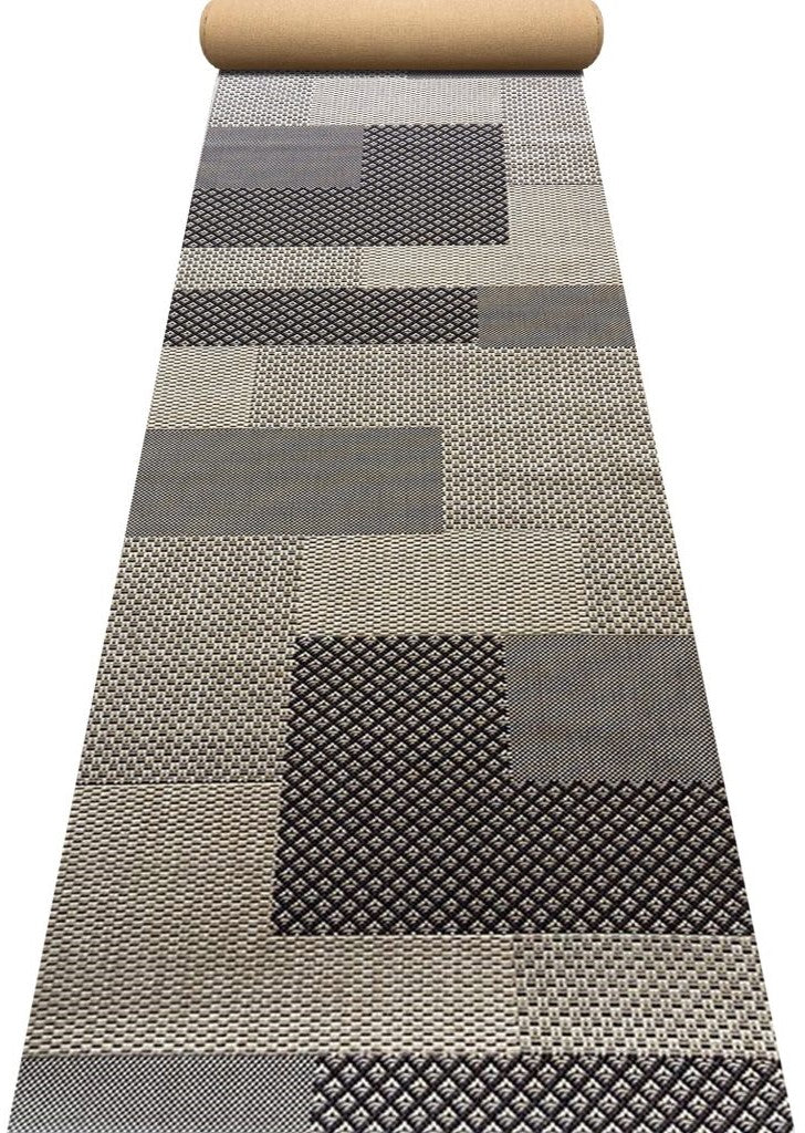 Traversa bucatarie crem maro cu model geometric, covor lung antiderapant pentru trafic zilnic