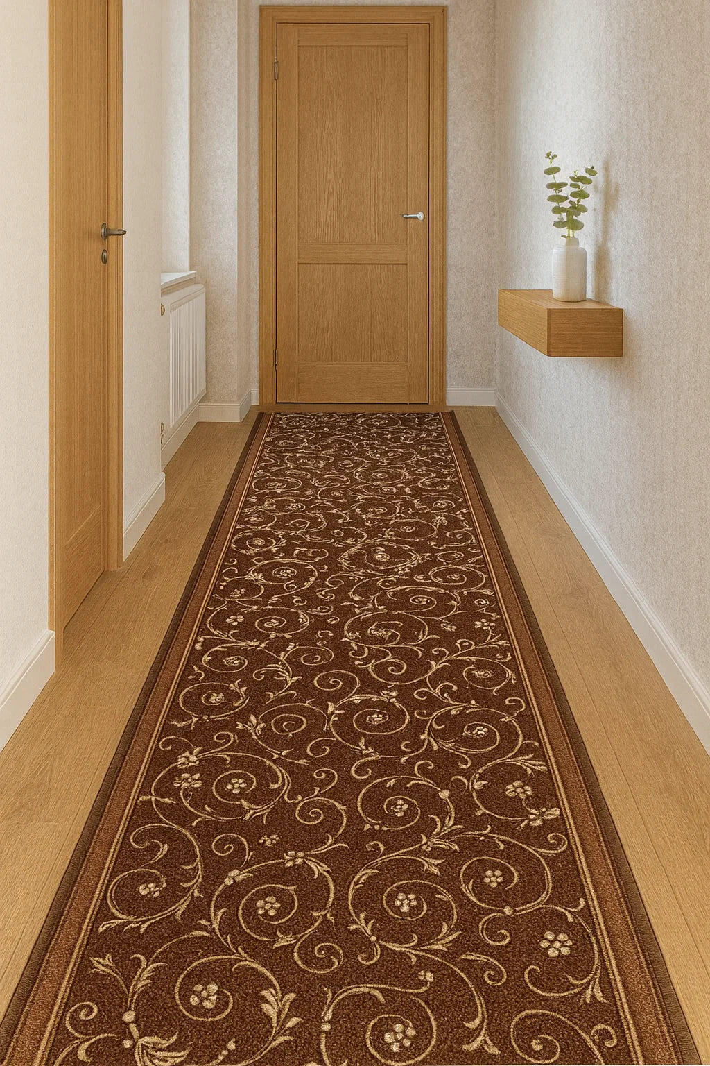 Traversa bucatarie maro cu model floral clasic, covor rezistent pentru trafic intens