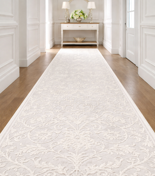 Traversa covor alba moderna pentru hol lung cu model elegant in relief
