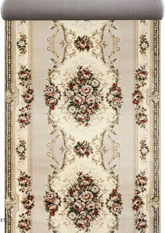 Traversa covor clasica florala crem pentru hol lung model traditional elegant cu bordura decorativa