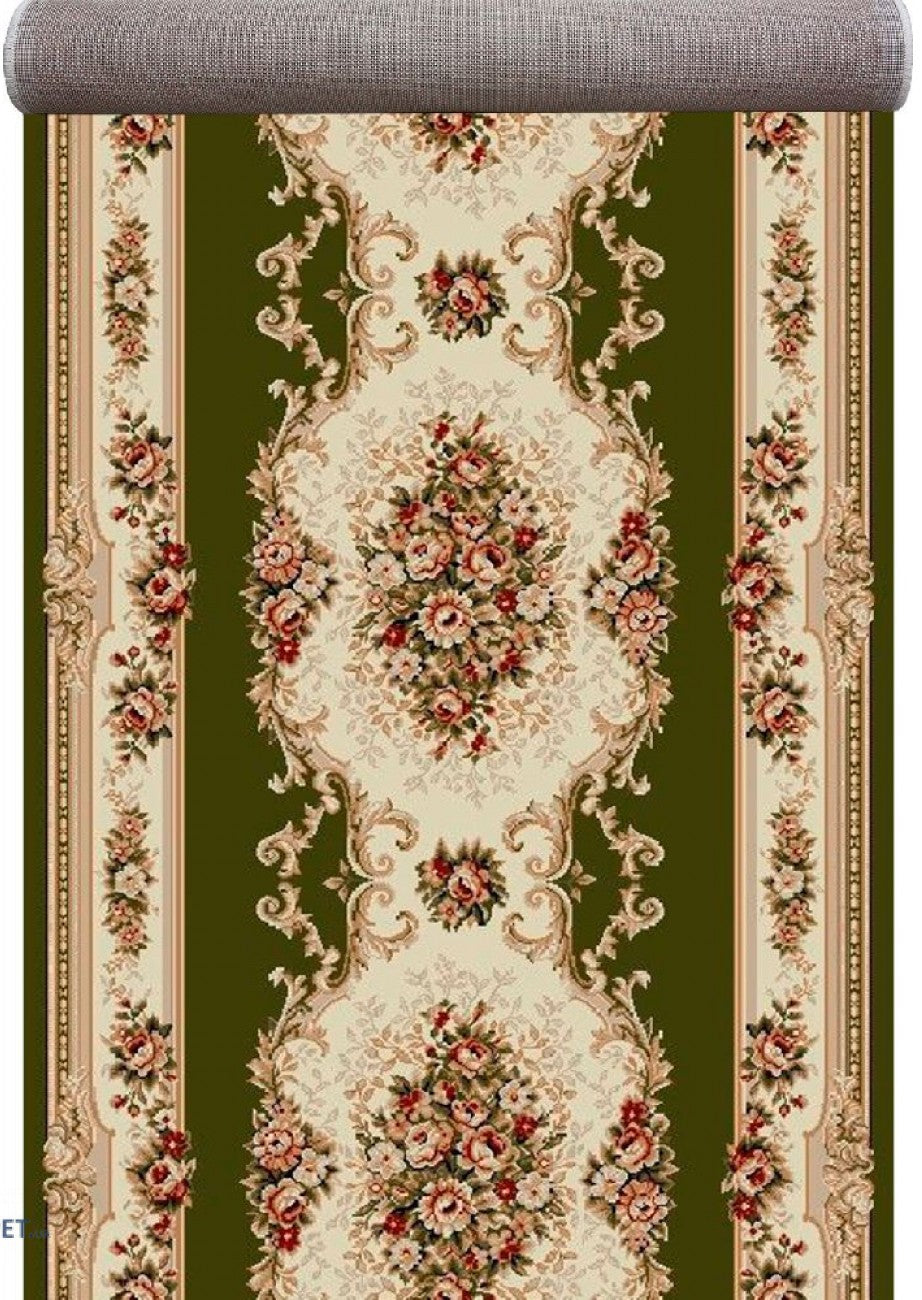 Traversa covor clasica florala verde pentru hol lung model traditional elegant cu medalion central